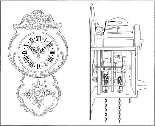 A cuckoo clock and a sideview of its mechanism.